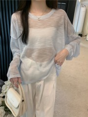 Real shot thin long-sleeved knitted T-shirt summer loose sun protection shirt top