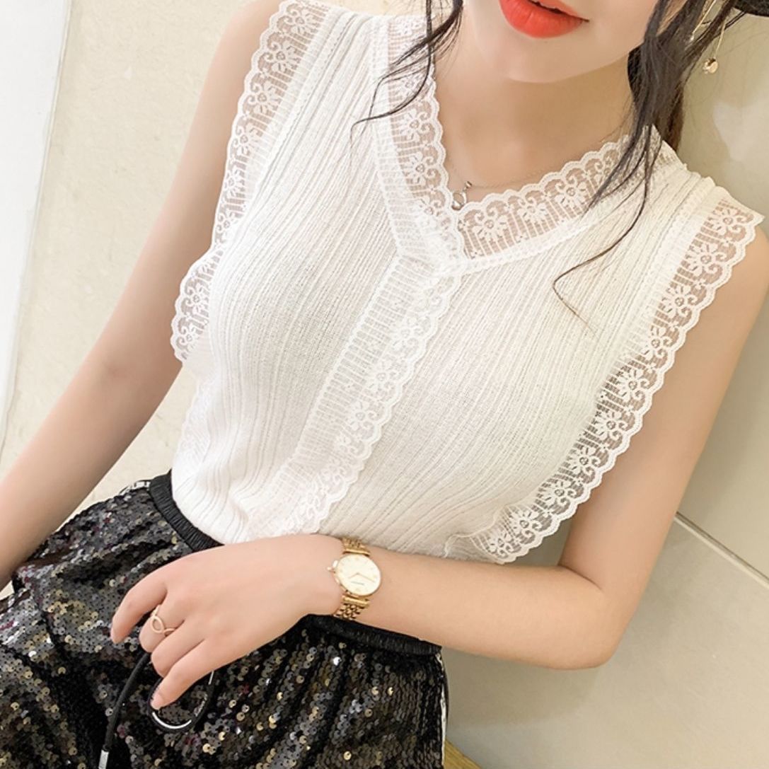 Vest for women, summer temperament, V-neck, new style, hollow lace, small fragrant style, slim fit, wear outside and wear inside, sleeveless top, cool silk