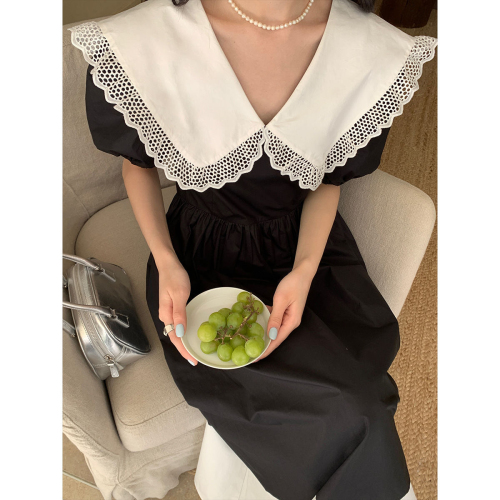 2024 Korean Summer New Korean Style Slim Hepburn Lotus Leaf Collar Dress Women's Waist Contrast Color Long Skirt