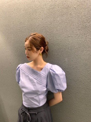 Korean chic summer pleated puff sleeve shirt