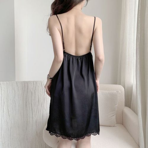 Real shot sexy suspender nightgown summer pajamas for women ice silk thin bow hollow design private skirt