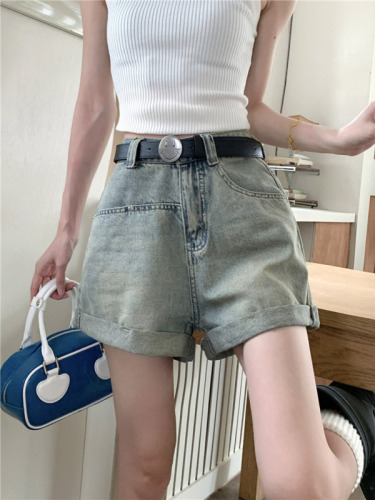 Actual shot~High-waisted slimming and loose-fitting design cuffed wide-leg denim shorts