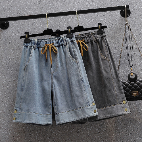 Real shot of summer large size elastic waist wide leg denim shorts fat mm casual high waist elastic casual fashion mid pants