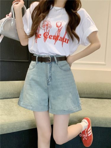 Actual shot~New high-waisted slimming and versatile A-line curled casual denim shorts for women