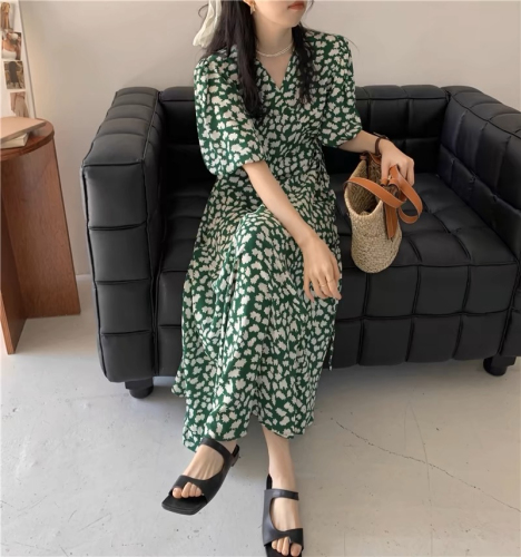 Retro elegant French floral long dress plus size fat girl slimming chic green puff sleeve dress summer