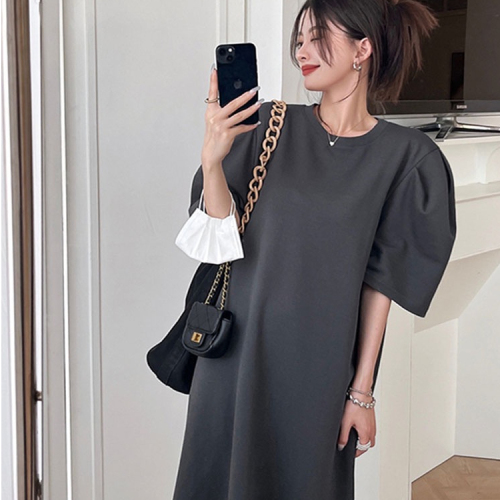 2024 Korean chic summer plus size new niche simple solid color loose long dress for women