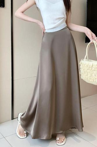 Actual shot~New high-waisted slimming French retro acetate satin drape skirt with long skirt for women