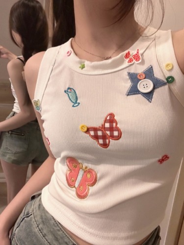 Summer Dopamine Wear Butterfly Embroidered Camisole Women's Slim Fit Sweet Cool Hot Girl Sleeveless Short Top