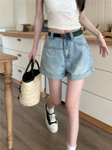 Actual shot~High-waisted slimming and loose-fitting design cuffed wide-leg denim shorts