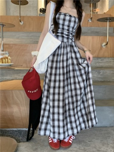 Real shot!  Plaid French Dress Summer Women's 2024 New Sleeveless Tubeless Long Dress