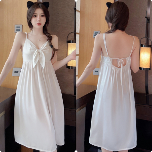 Real shot of sexy pajamas for women, summer suspender nightgown, white bow princess style mid-length satin silk home clothes