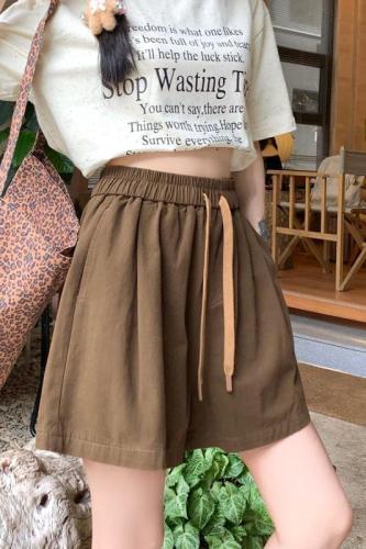 Actual shot~High-waisted elastic waist shorts for women, summer thin, loose, slimming, wide-leg, five-point pants