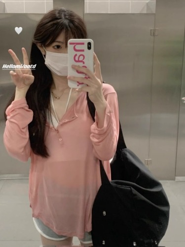 Tencel thread sweet and spicy design niche sun protection shirt top thin loose long sleeve mid-length bottoming T-shirt