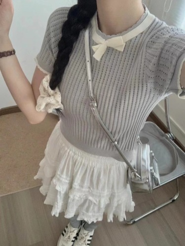 2024 new summer style Korean ladylike knitted sweater with bow contrasting color hollow versatile short-sleeved top