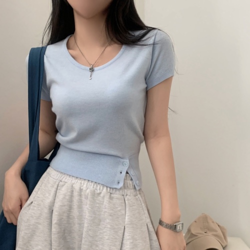 Korean chic summer temperament round neck slit hem short-sleeved sweater