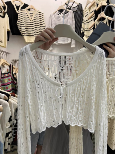 新款设计感镂空薄款长袖针织衫女夏季韩版外搭系带短款上衣开衫