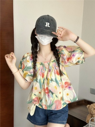 实拍~夏季新款韩系彩色花朵宽松显瘦减龄方领衬衫