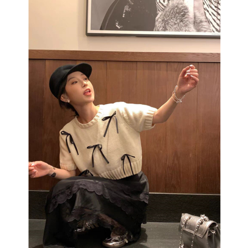 韩版小众蝴蝶结短袖T恤女春夏季设计感甜美减龄短针织衫上衣