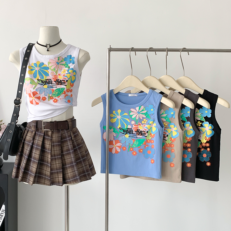 Real shot of colorful flower printed racer vest for women summer gray age-reducing versatile sleeveless slim top short style