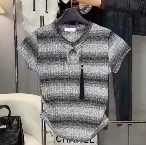 New Chinese style striped gradient short-sleeved t-shirt for women 2024 new summer unique and unique button top