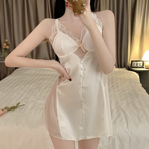 Real shot of pure lust sexy satin ice silk pajamas for women summer lace suspender nightgown 2024 new with breast pads sexy thin