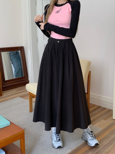 Actual shot ~ 2024 new Korean style design elastic waist long A-line skirt versatile slimming skirt