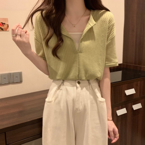 Real shot quality version ~ 2024 summer new waffle V-neck fake two-piece short long-sleeved top T-shirt for women