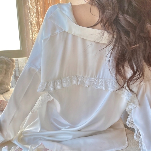 Boyfriend style sexy pajamas, women's long-sleeved shirts, nightgowns, lace charming short skirts, white high-end home clothes