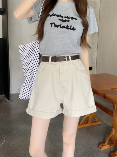 Actual shot~New high-waisted slimming and versatile A-line curled casual denim shorts for women