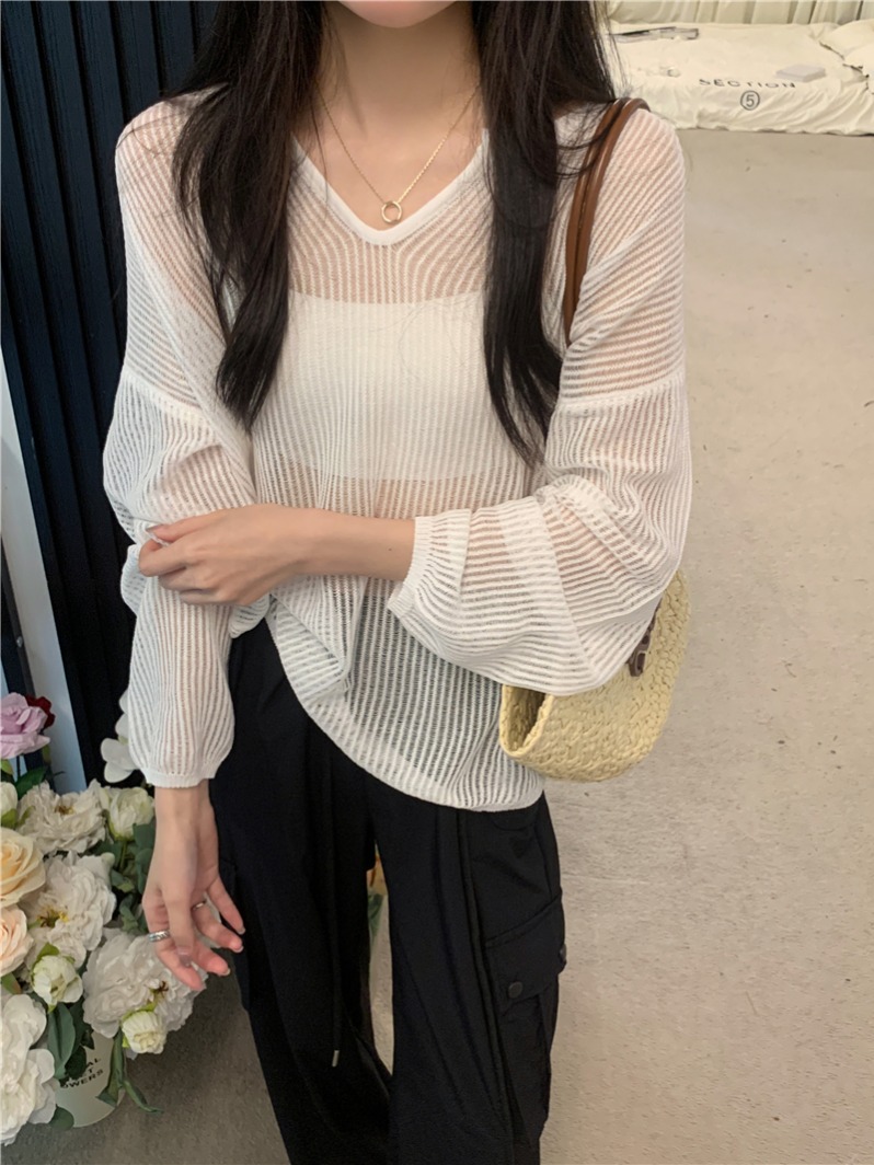實拍   夏季慵懶風V領鏤空長袖針織衫防曬薄款上衣女