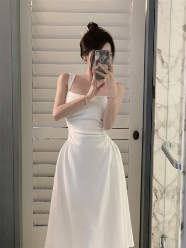 实拍 白色吊带连衣裙a字法式收腰小众设计长裙子