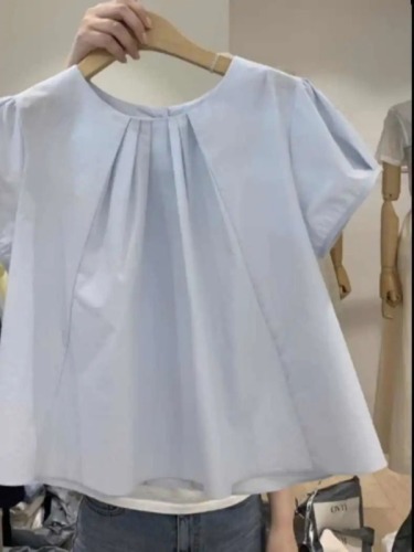 韩国东大门2024夏季新款圆领压褶宽松减龄泡泡袖衬衫女娃娃衫上衣
