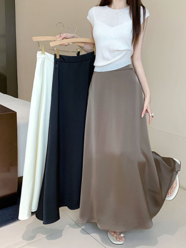 Actual shot~New high-waisted slimming French retro acetate satin drape skirt with long skirt for women