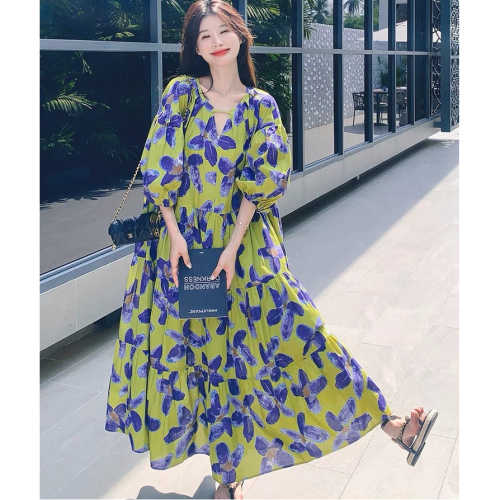 French retro printed dress for women 2024 summer new style French retro loose large skirt beach long dress