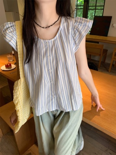 实拍 夏季新款韩系竖条纹飞飞袖不规则气质甜美短袖衬衫上衣
