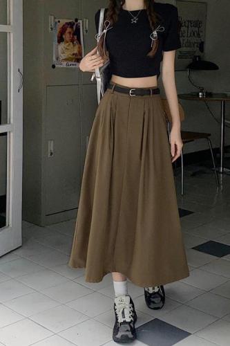 Actual shot ~ New Korean style design semi-elastic waist skirt A-line skirt with belt