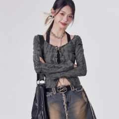 Wasteland style fake two-piece halter neck strap slim long-sleeved T-shirt dark cool hot girl tops for women