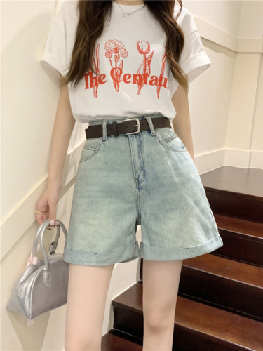 Actual shot~New high-waisted slimming and versatile A-line curled casual denim shorts for women