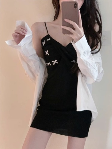 Actual shot of Korean style new bow sweet and sexy suspender dress for women to wear outside