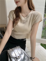 實拍 夏季新款小飛袖針織衫T恤短袖上衣女