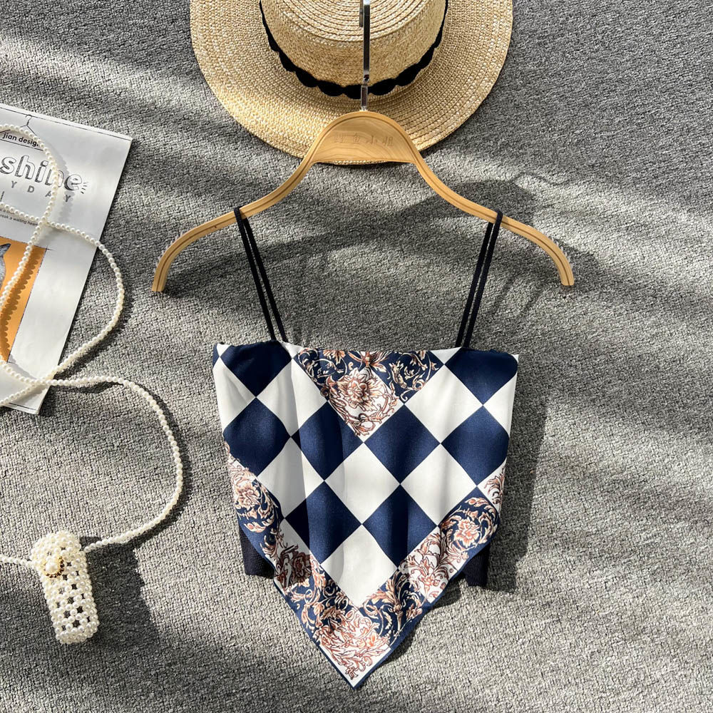 European and American ins sexy design versatile plaid retro elastic one-line collar breathable suspender top for women in cool silk