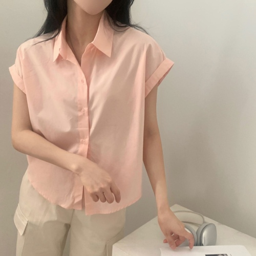 韩国ins 夏日 基础款 气质翻领 卷袖衬衫女 短袖衬衣