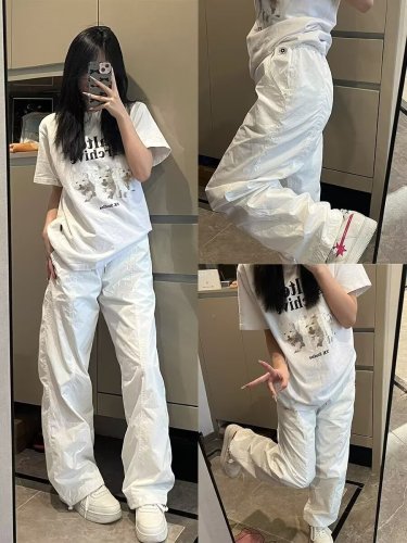 American hiphop white paratrooper pants for women thin summer foot binding niche loose hip-hop drawstring casual wide leg pants