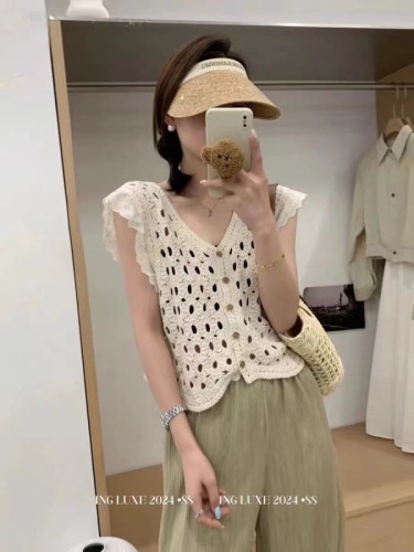 2024 summer new Korean style crochet empty lace fungus top loose sleeveless waistcoat vest for women