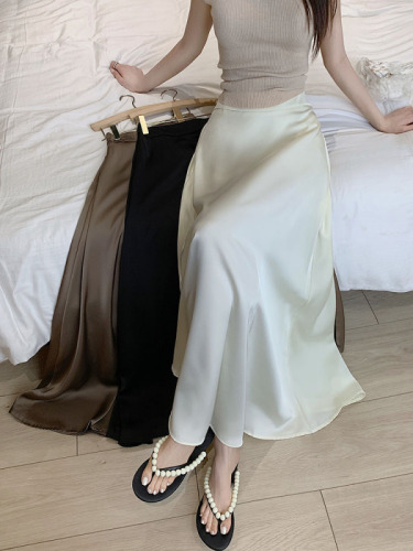 Actual shot~New high-waisted slimming French retro acetate satin drape skirt with long skirt for women