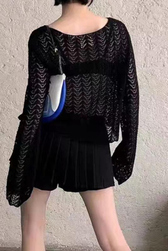 韩版新款针织设计感韩版镂空百搭薄款长袖套头防晒衫上衣女