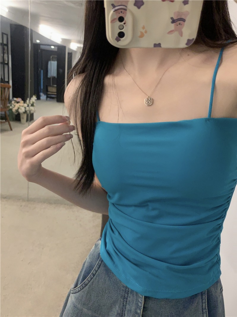 實拍 夏季新款皺褶吊帶背心帶胸墊上衣