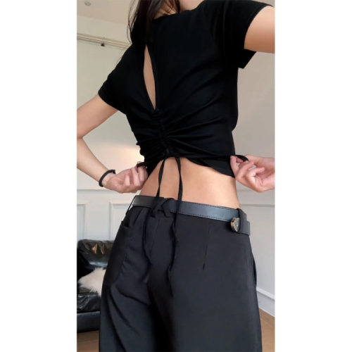 美式辣妹露背抽绳设计短袖黑色t恤女夏季新款设计感修身短款上衣