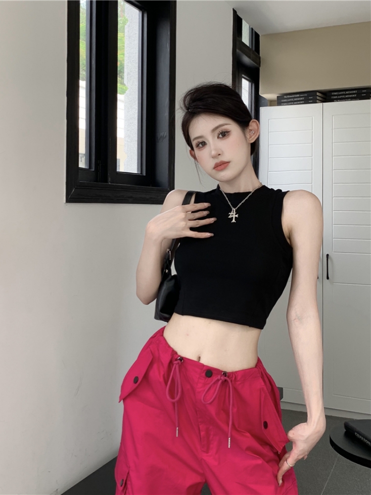 Real shot ~ Summer black versatile sexy slimming short navel-baring elastic sleeveless tight vest for women