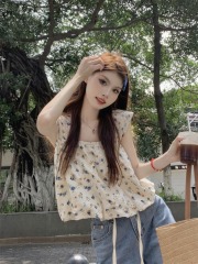 Summer new style sleeveless short square collar heavy embroidered floral vest top for women to cover flesh and look slimming embroidered cotton